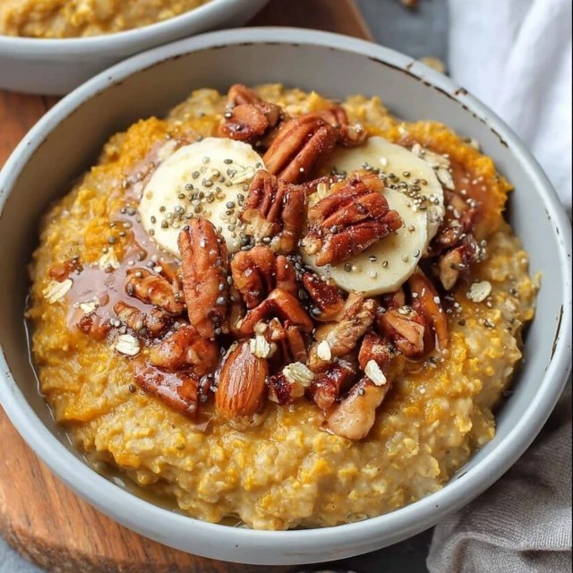 Close-up of pumpkin oatmeal showing creamy texture, chopped toasted pecans, glossy maple syrup pool, cinnamon swirl on top