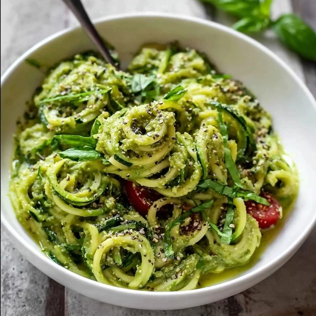 Zucchini noodles with pesto in a white bowl, fresh green spiralized zucchini coated in vibrant basil pesto, halved cherry tomatoes, pine nuts, shaved parmesan, fresh basil leaves on top