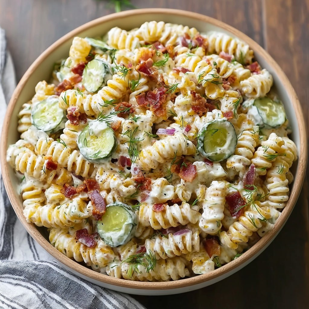 Close up of creamy dill pickle pasta salad with bacon bits