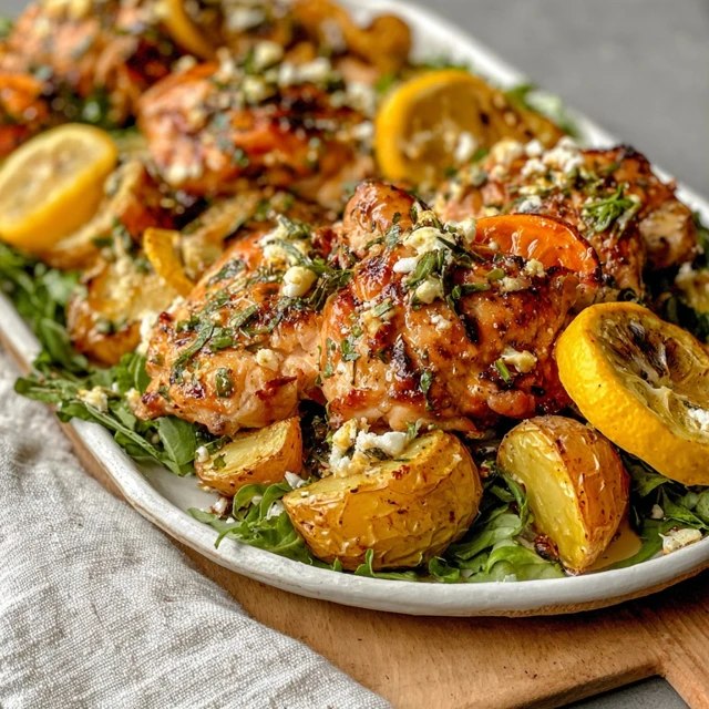 Close-up of one chicken thigh and golden potatoes showing crackly skin, herb crust, charred lemon slices, glossy pan juices coating everything