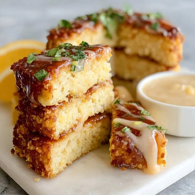 Lemon coconut cake bars cut into squares, soft yellow crumb, white lemon glaze on top sprinkled with toasted shredded coconut, stacked on parchment paper