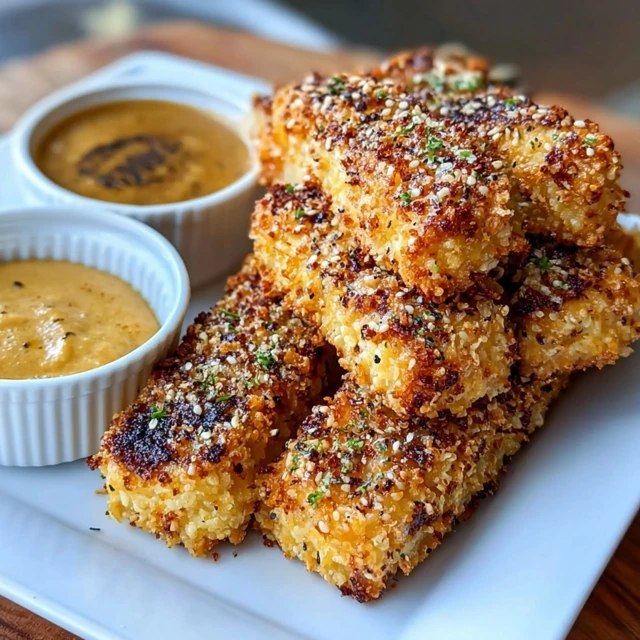 Close-up of crispy tofu nuggets showing the craggy golden panko crust and a nugget dipped into barbecue sauce