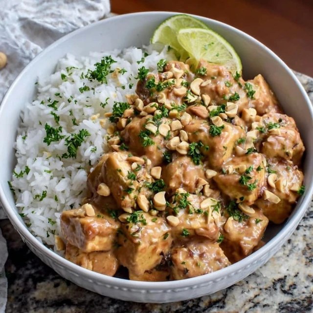 Close-up of saucy peanut chicken showing the creamy peanut sauce clinging to chicken and rice, crushed peanuts and red chili flakes on top