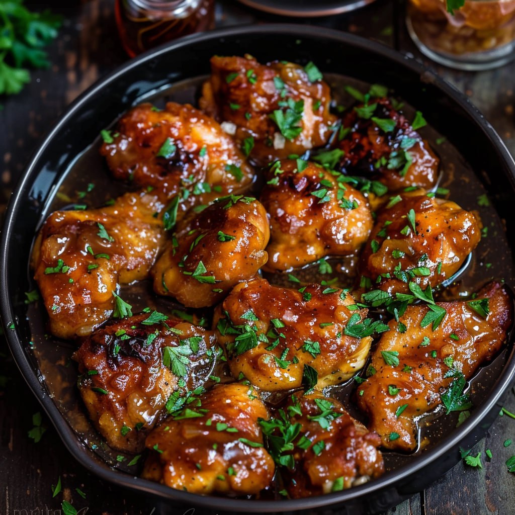Honey butter chicken overhead, golden crispy chicken pieces coated in glossy sticky honey butter glaze, sesame seeds and fresh chopped parsley scattered, dish fills the frame, warm golden tones