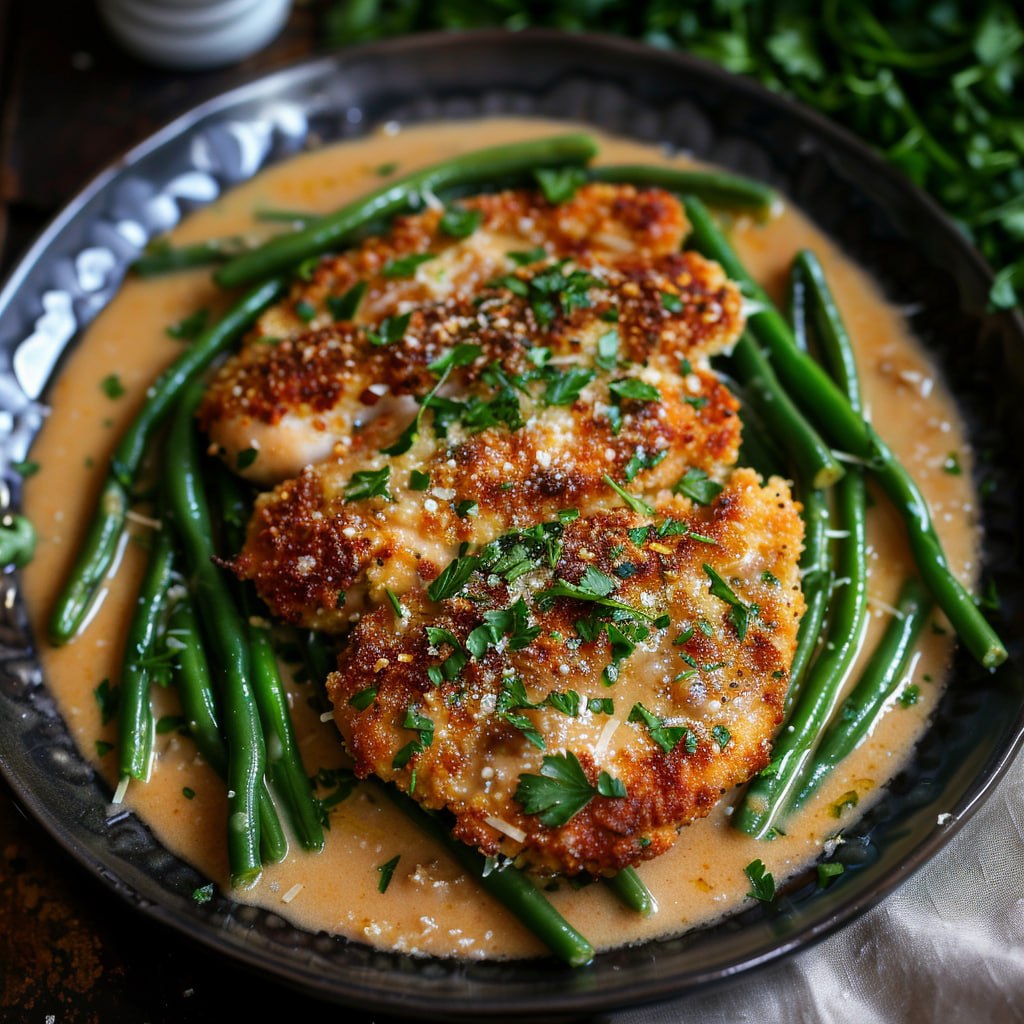 Parmesan crusted chicken overhead on a plate with green beans, golden crispy parmesan-panko crust, juicy chicken, fresh parsley and lemon wedge, dish fills the frame, warm golden tones