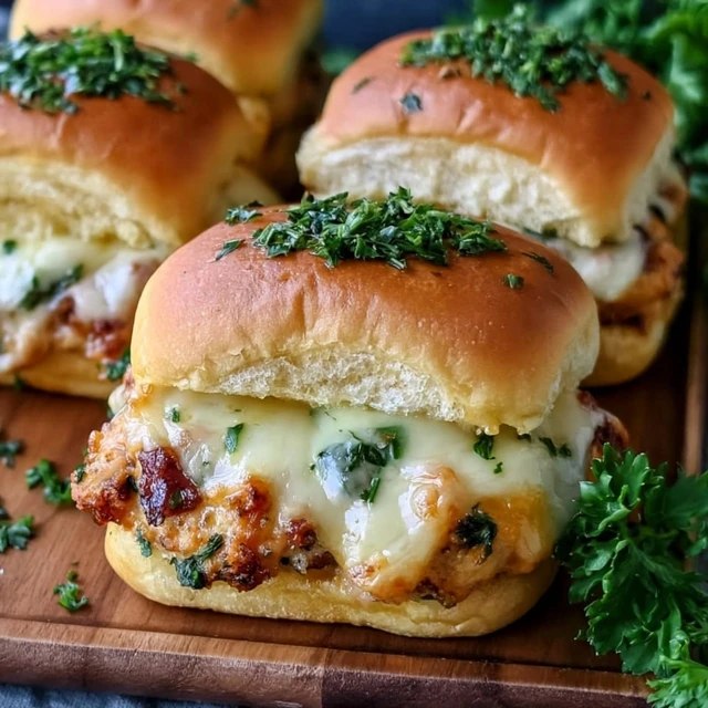 Close-up of a cheesy chicken slider being pulled away showing strings of melted cheese and tender shredded chicken