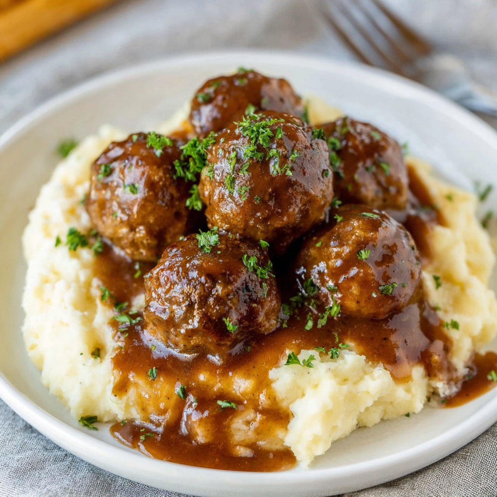 Slow cooker Salisbury steak meatballs in mushroom gravy over mashed potatoes crockpot dinner