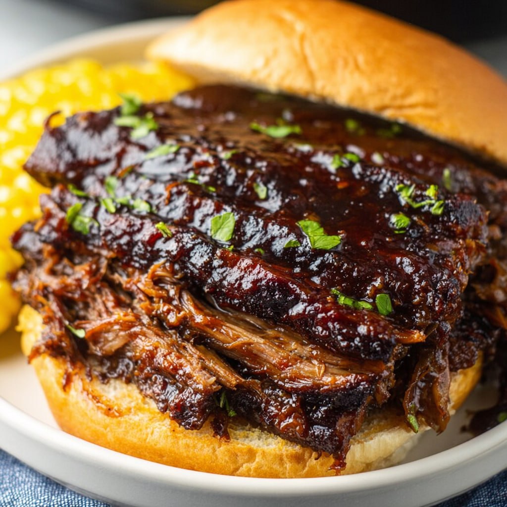 Slow cooker brisket fork-tender sliced on cutting board with rich braising liquid
