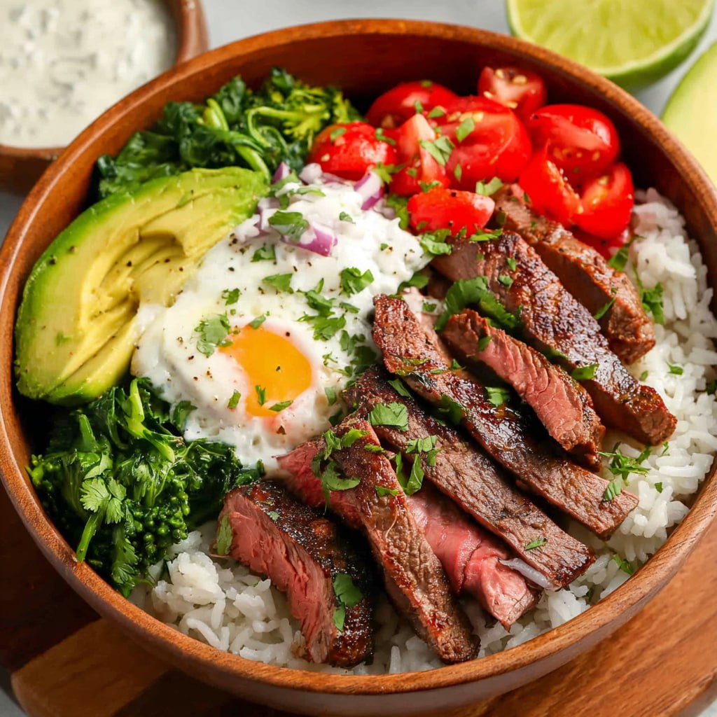 Steak rice bowl with sesame ginger sauce sliced steak over jasmine rice toppings overhead