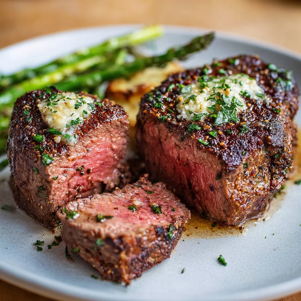 Air fryer filet mignon steak with herb butter on a white plate