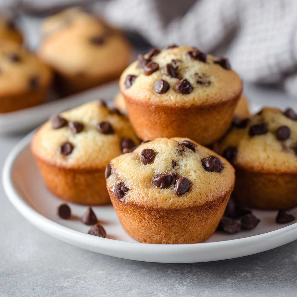 Mini chocolate chip muffins on a white plate