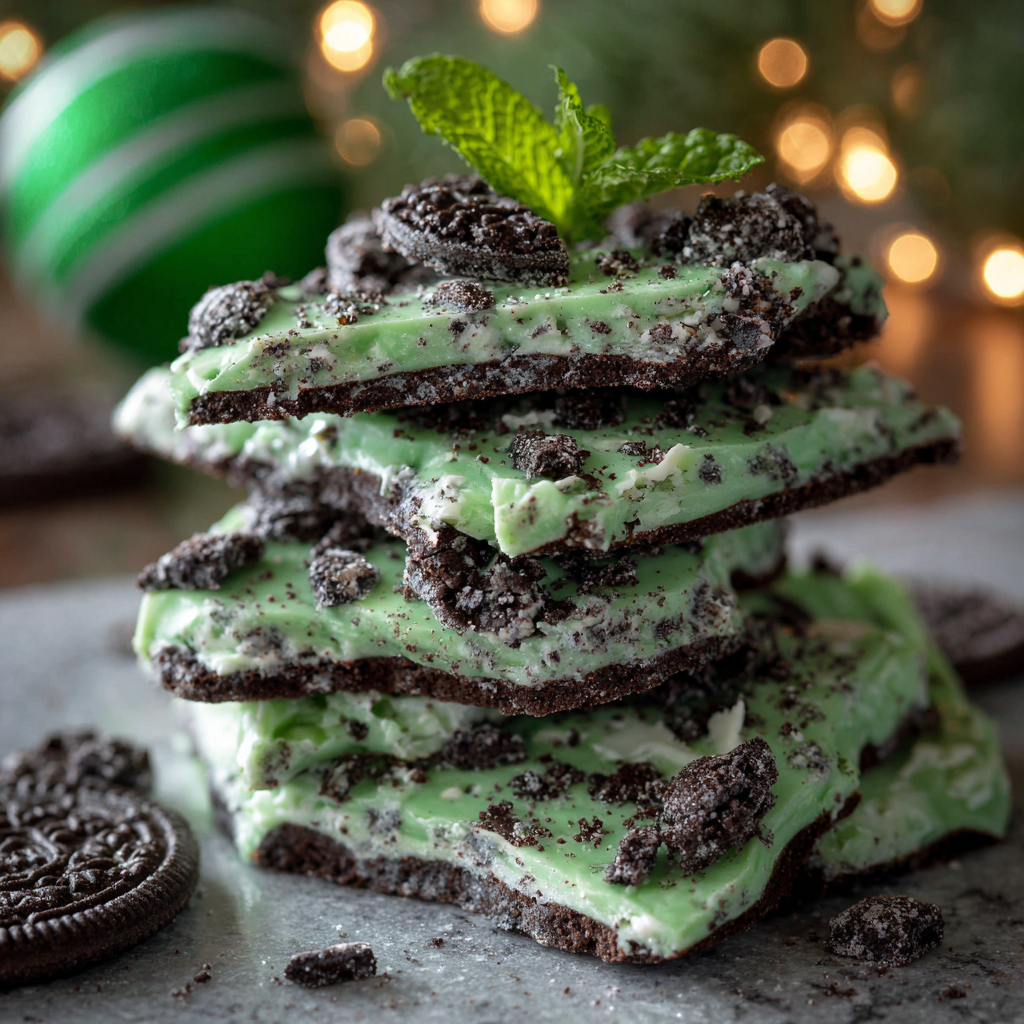 Mint Oreo Bark displayed on a festive plate