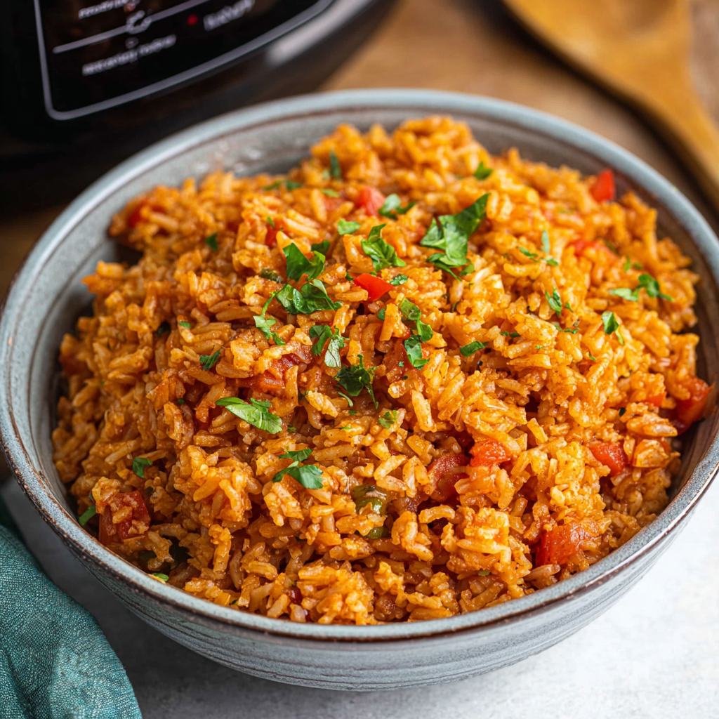 Crockpot Spanish Rice served in a bowl with garnishes